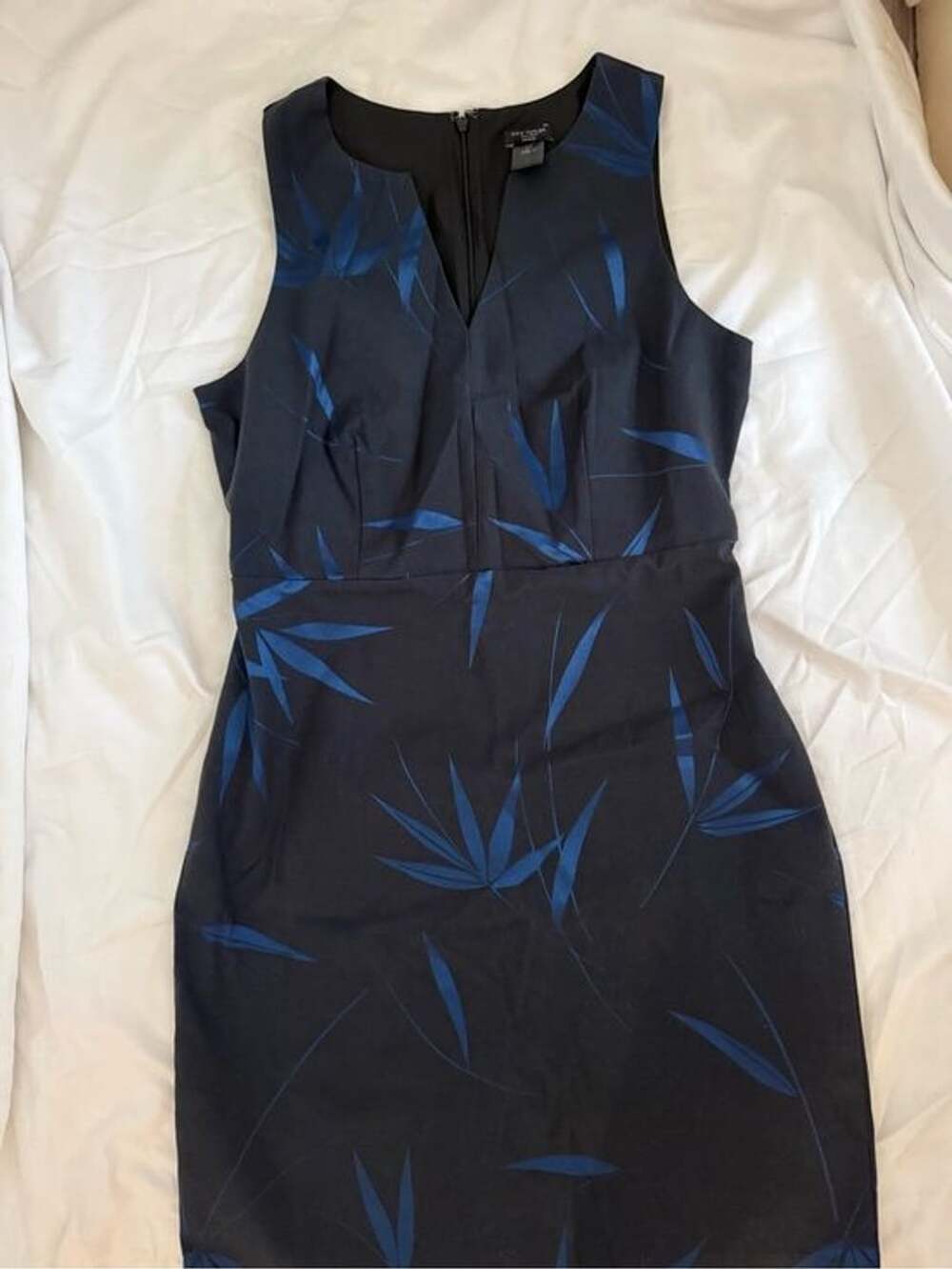 Ann Taylor Factory Navy Midi Dress with Blue Leaf Motif